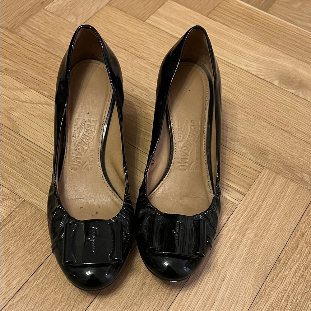 Salvatore Ferragamo Black Patent Leather Wedges with Bow